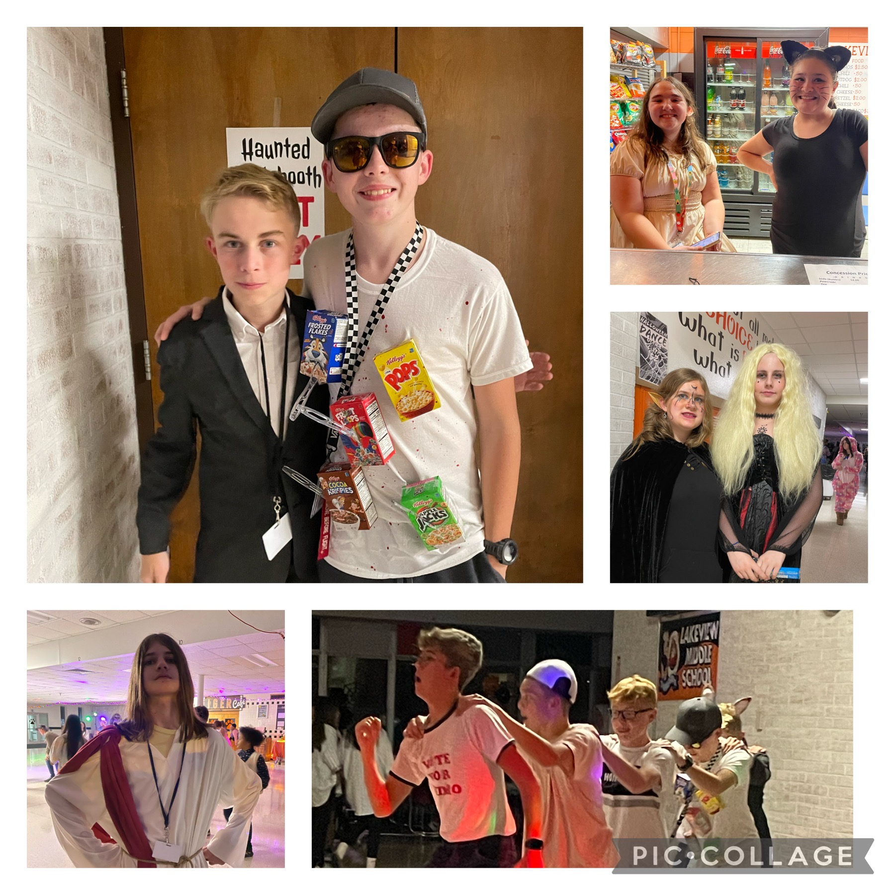 Students posing in their halloween costumes. An investigator and a "cereal killer", a cat and an elf, another elf and a girl in a goth dress and long blonde wig, a student in a robe, and a group of students following napoleon dynamite