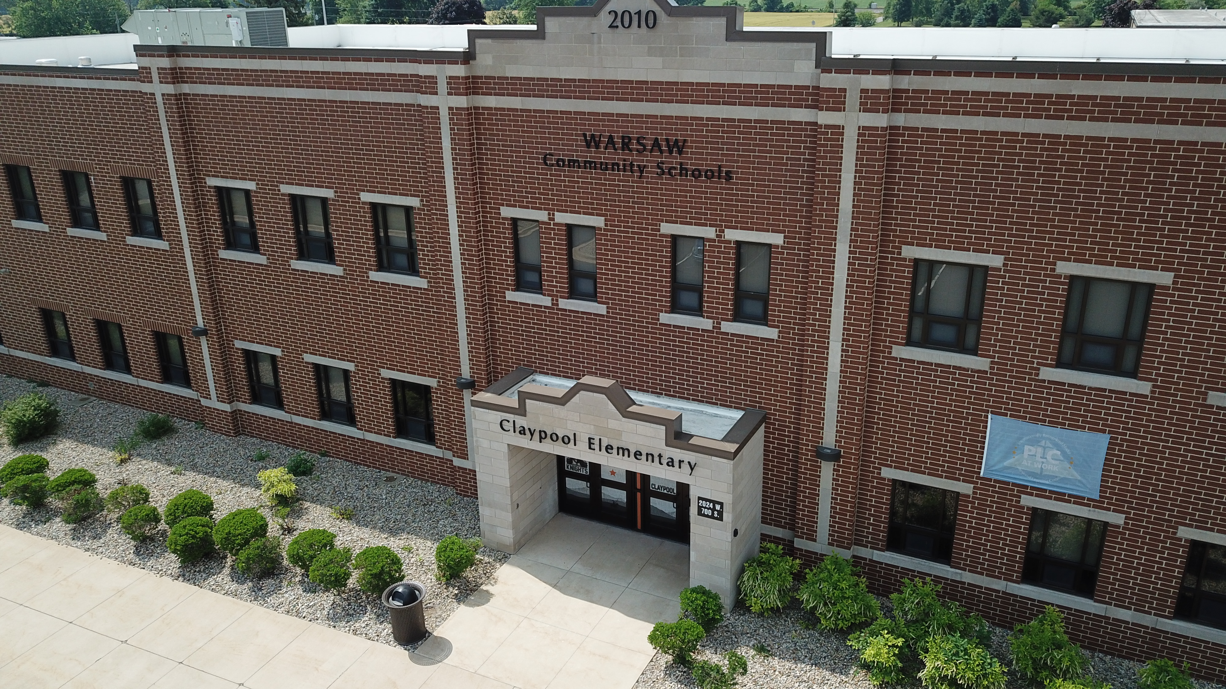 Aerial view of Claypool Elementary building entrance