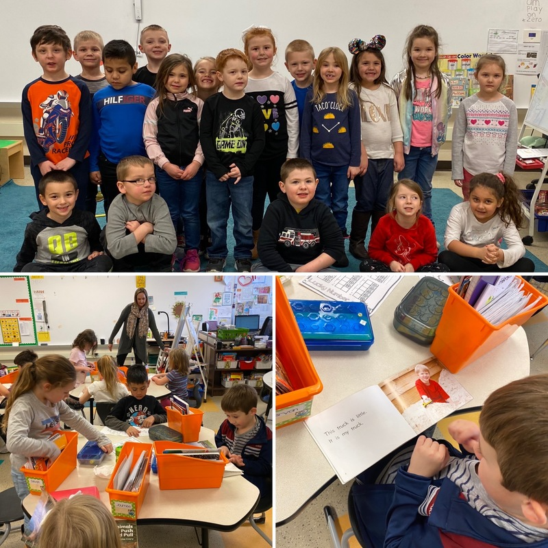 Collage of photos of students. Top is elementary class posed in front of white board, bottom left is a p hoto of elementary students working on a project at their group desk with the teacher in the background, bottom right is a student reading a book at his desk