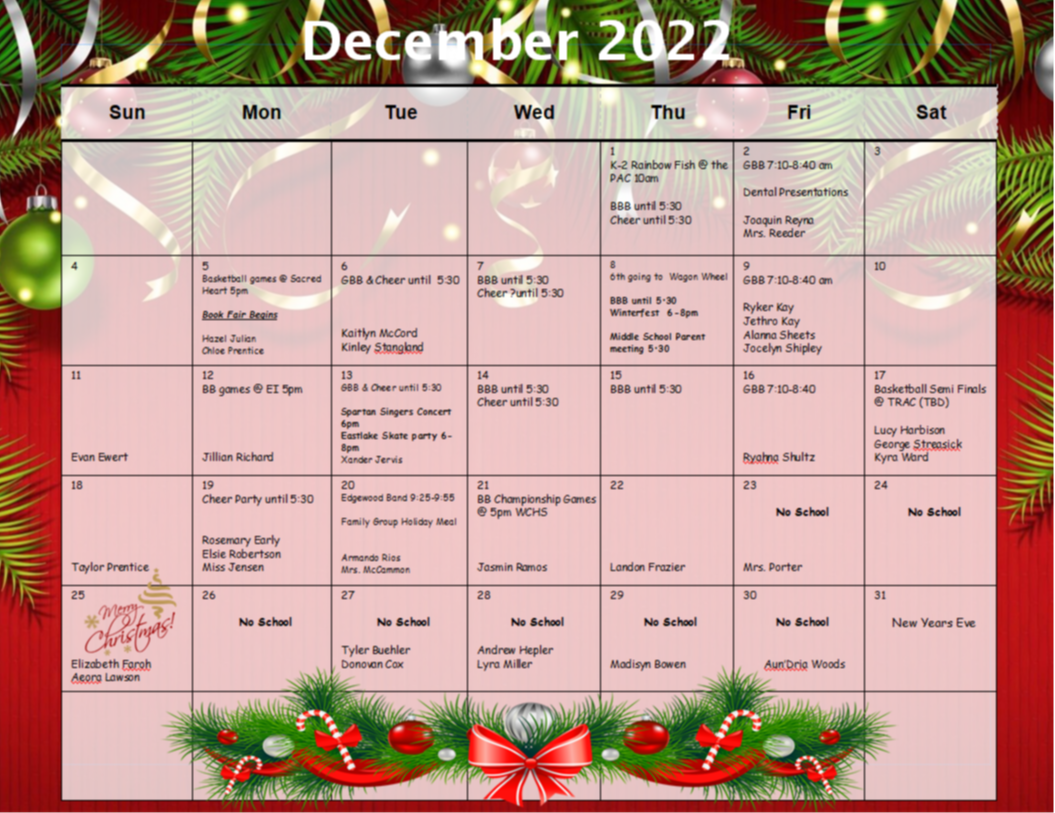 December 2022 Calendar with Important Dates and Birthdays: 1. K-2 Rainbow Fish @ the PAC 10am. BBB unitl 5:30. Cheer until 5:30.  2. GBB 7:10-8:40 am. Dental Presentations. Joaquin Reyan. Mrs. Reeder. 3. 4. 5. Basketball gamess @ Sacred Heart 5 pm. Book Fair Begins. Hazel Julian. Chloe Prentice. 6. GBB & Cheer until 5:30. Kaitlyn McCord. Kinley Stangland. 7. BBB until 5:30. Cheer until 5:30. 8. 6th going to Wagon Wheel. BBB until 5:30. Winterfest 6-8pm. Middle School Parent meeting 5:30. 9. GBB 7:10-8:40 am. Ryker Kay. Jethro Kay. Alanna Sheets. Jocelyn Shipley. 10. 11. Evan Ewert. 12. BB games @ EI 5pm. Jillian Richard.. 13. GBB & Cheer until 5:30. Spartan Singers Concert 6pm. Eastlake Skate party 6-8pm. Xander Jervis. 14. BB until 5:30. Cheer until 5:30. 15. BBB until 5:30. 16. GBB 7:10-8:40. Ryahna Shultz. 17. Basketball Semi Final @ TRAC (TBD). Lucy Harbison. George Streasick. Kyra Ward. 18. Taylor Prentice. 19. Cheer Party until 5:30. Rosemary Early. Elise Robertson. Miss Jensen. 20. Edgewood Band 9:25-9:55. Family Group Holiday Meal. Amanda Rios. Mrs. McCammon. 21. BB Championship Games @5pm WCHS. Jasmine Ramos. 22. Landon Frazier. 23. No School. Mrs. Porter. 24. No School. 25. Merry Christmas. Elizabeth Faroh. Aeora Lawson. 26. No School. 27. No School. Tyler Buehler. Donovan Cox. No School. Andrew Hepler. Lyra Miller.  29. No School Madisyn Bowen. 30. No School Aun'Dria Woods. 31. New Years Eve.