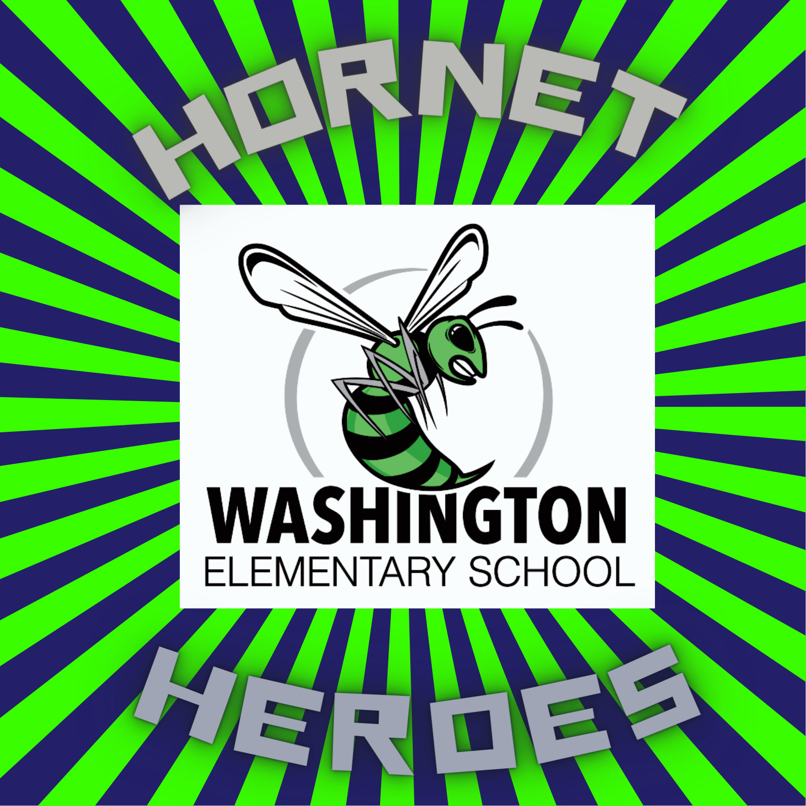 Green hornet logo with text: Washington Elementary School Hornet Heroes