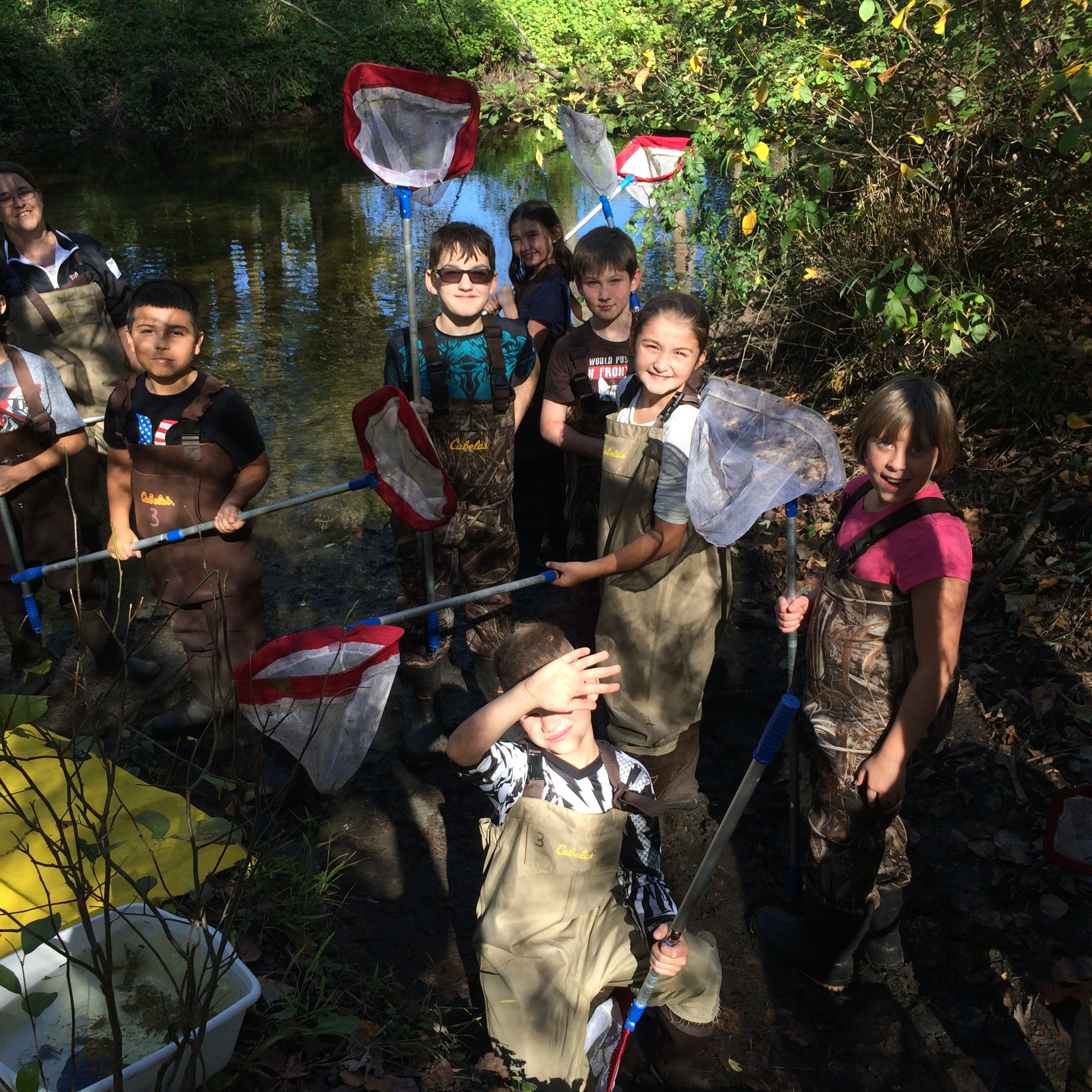 Students in a creek with net catchers