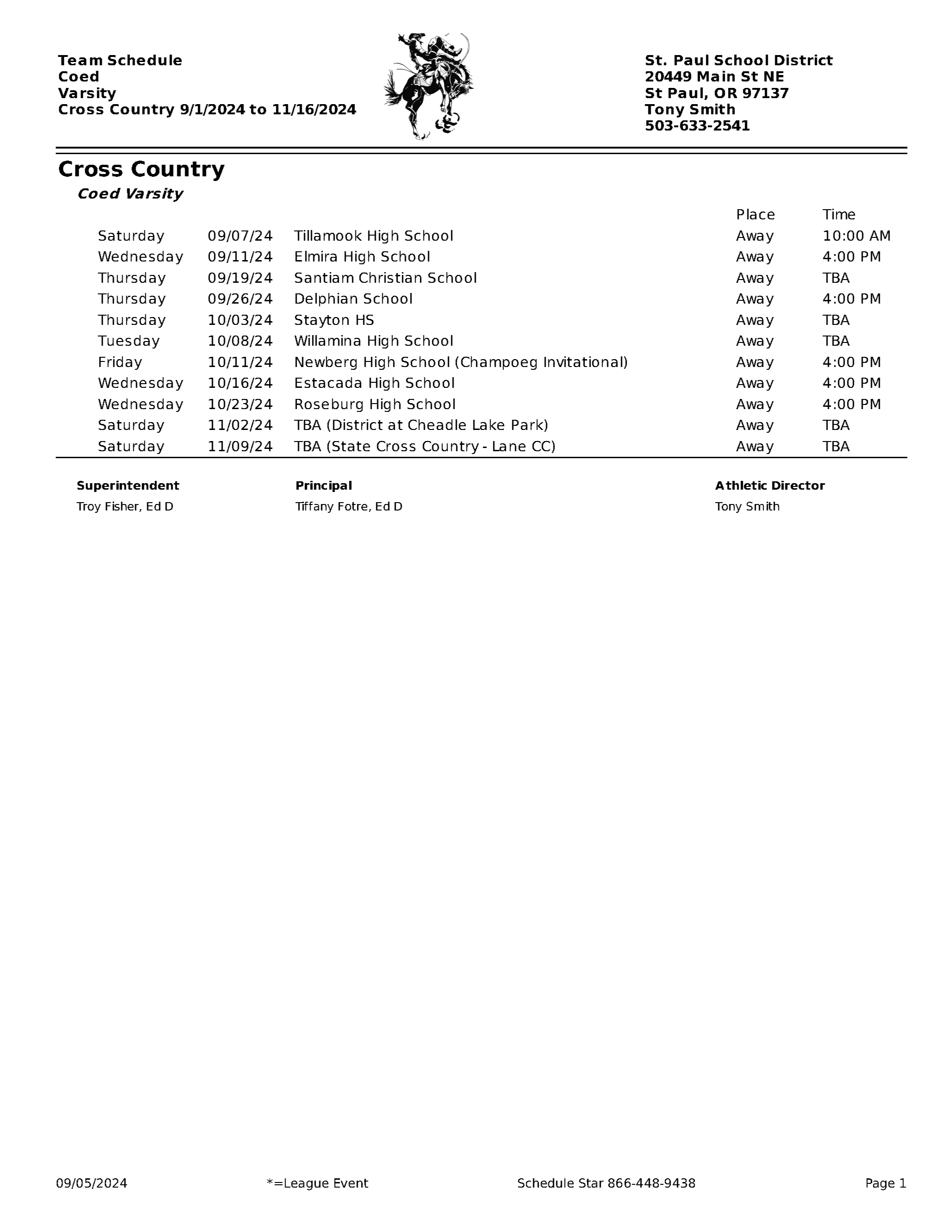 2024 Cross country schedule