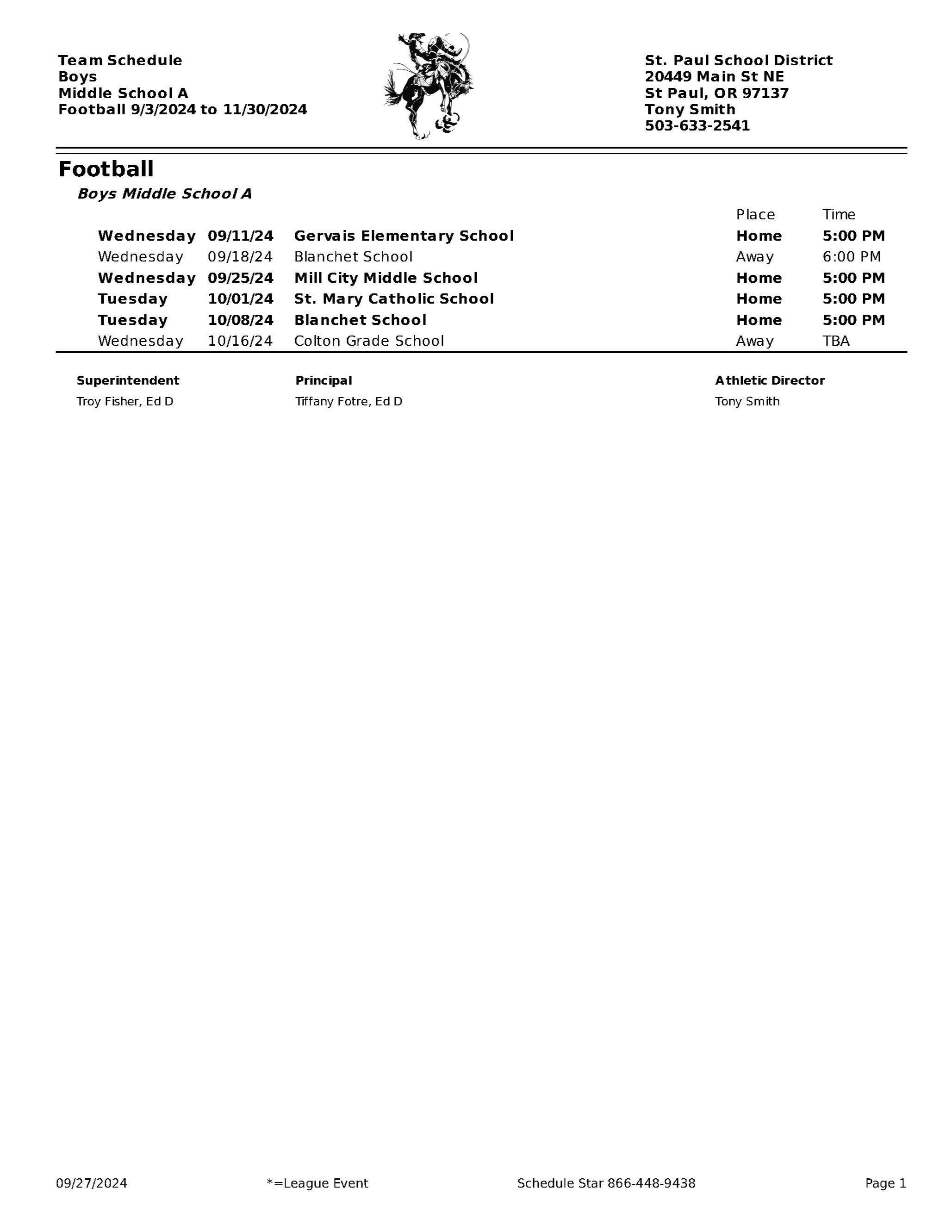 Middle school Football schedule