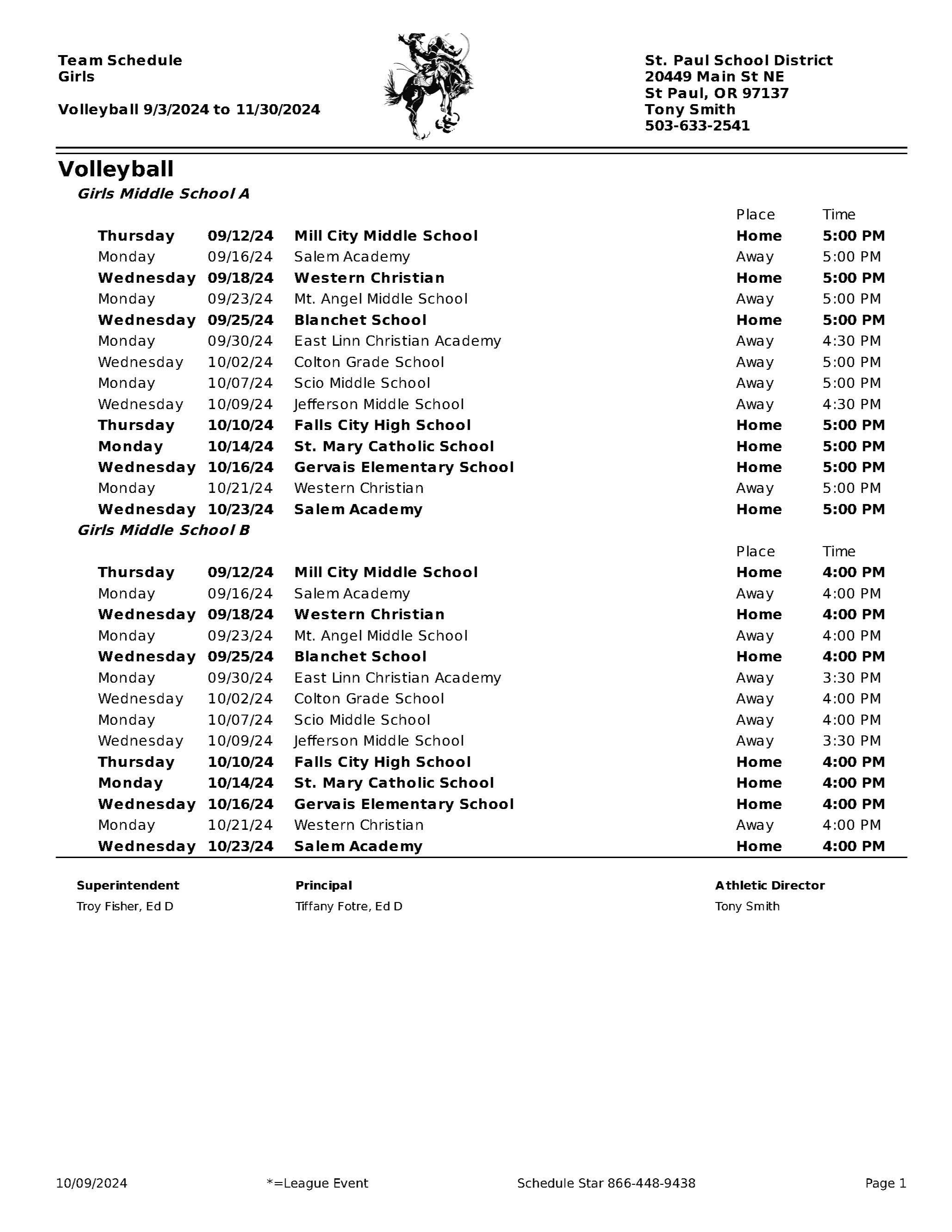 Middle School Volleyball Schedule