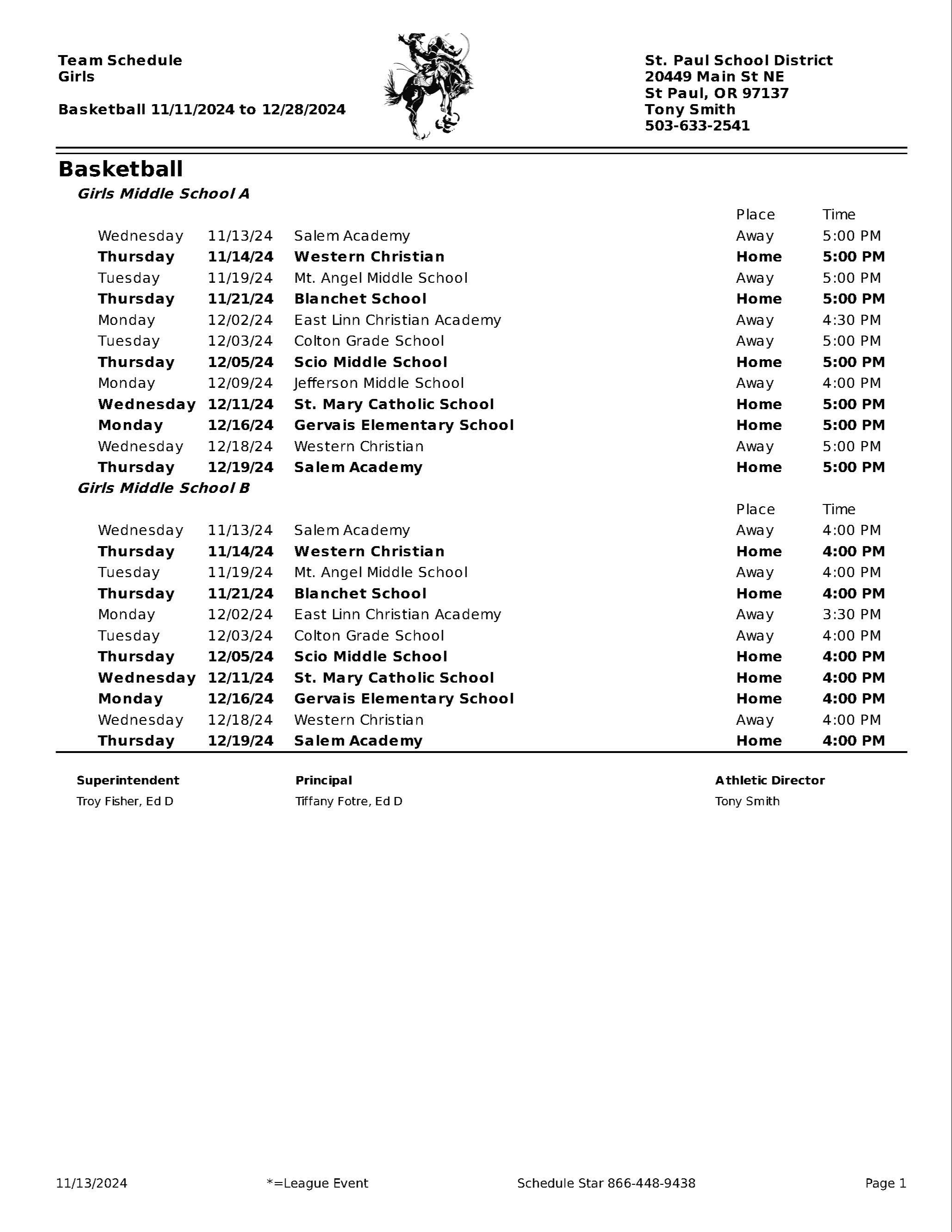 Girls MS Basketball schedule