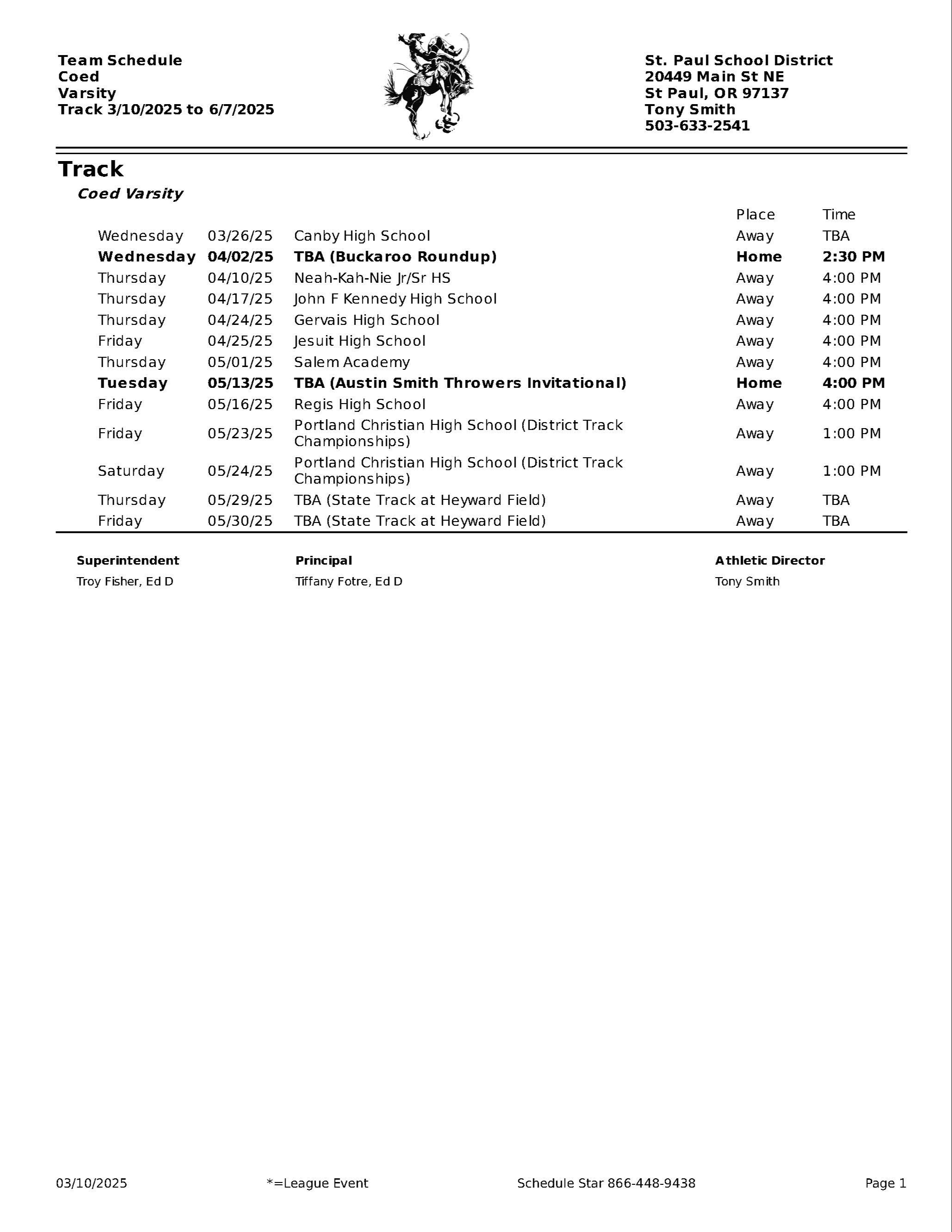 Track 2025 schedule