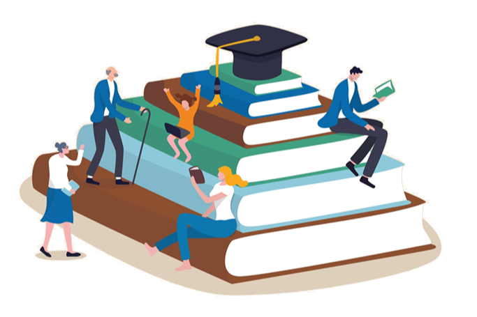 Graphic of people reading and climbing a large pile of books