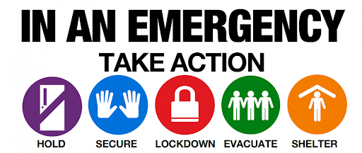 In an Emergency, Take action. Hold, Secure, Lockdown, Evacuate, Shelter