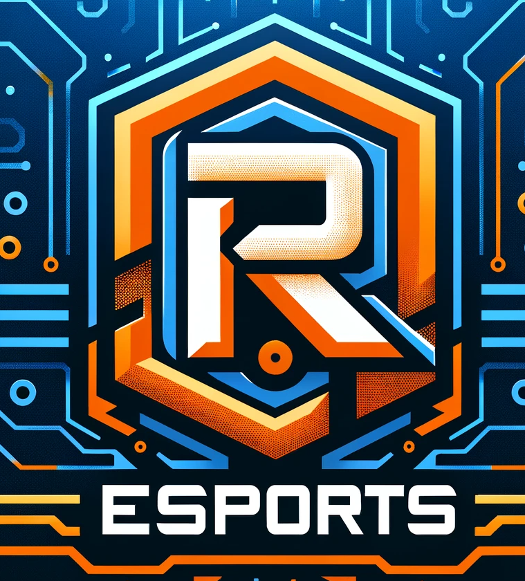 Esports logo - an orange R with electronic diagrams in the backbround