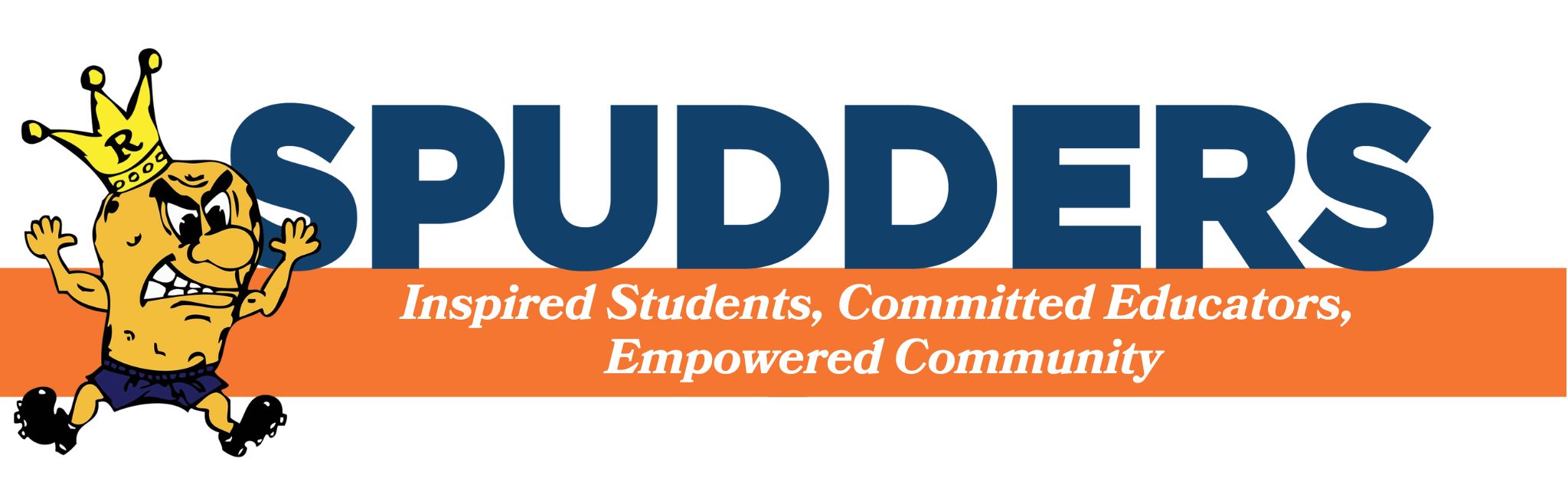 The Ridgefield High School Spudder mascot with the slogan "Inspired students, Committed Educators, Empowered Community"