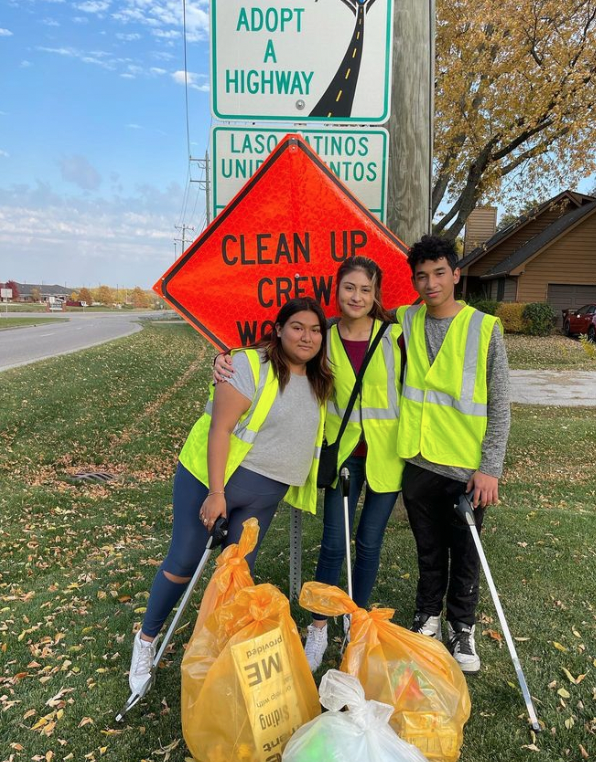 Students at a highway cleanup