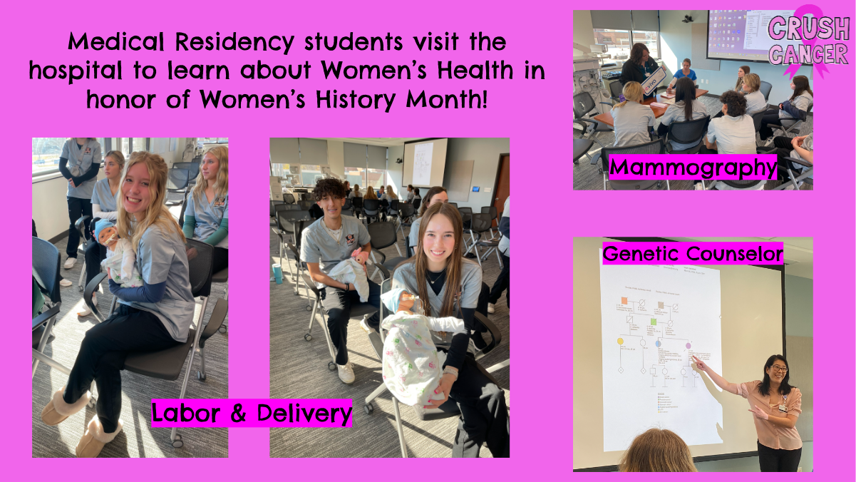 Medical Residency students visit the hospital to learn about Women's Health in honor of Women's History Month. Labor and delivery photos with fake babies. Mammography and genetic counselor pointing to a slide