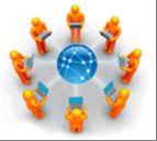 orange people figures in a circle holding laptops around a network