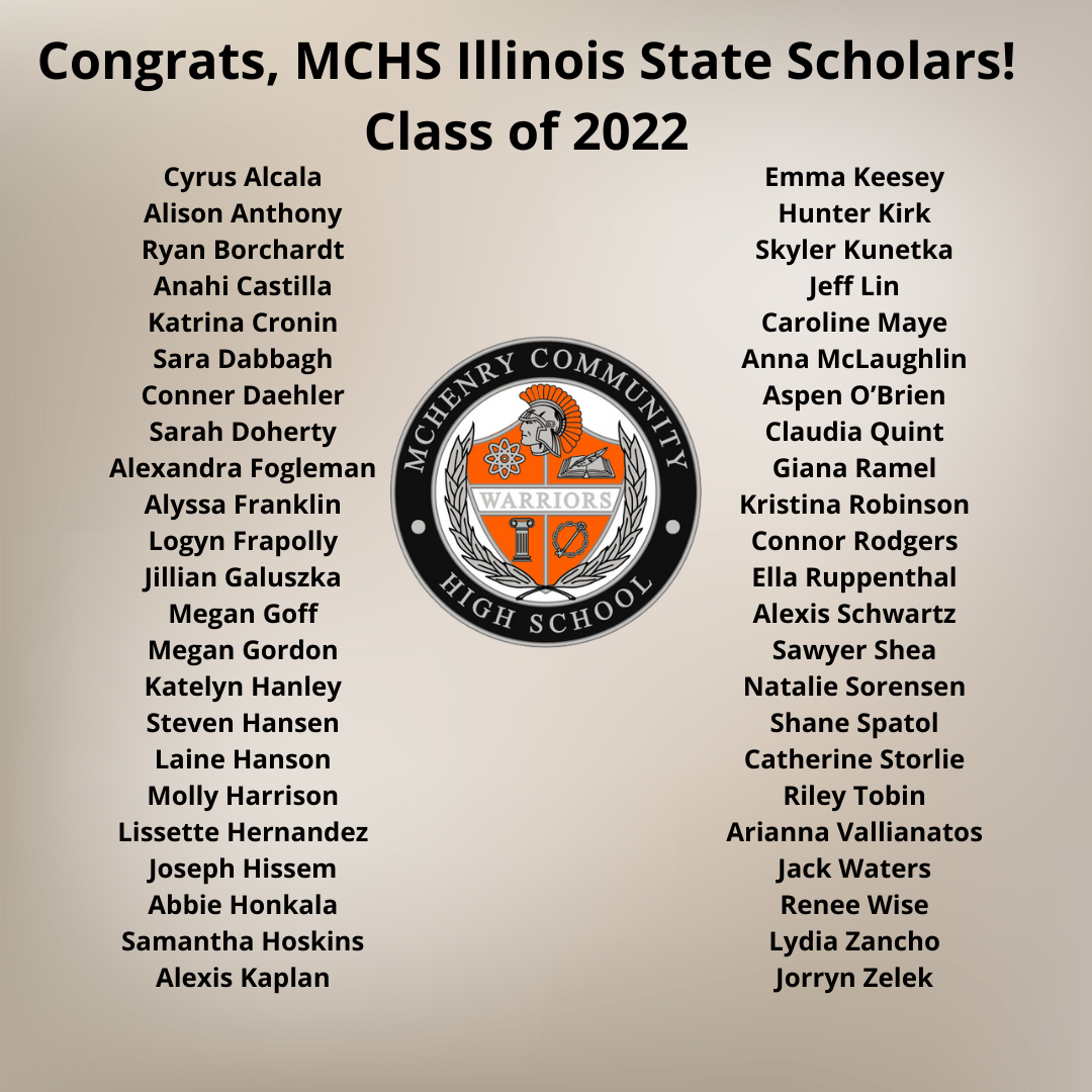 MCHS Illinois State Scholars Class of 2022 Cyrus Alcala  Alison Anthony  Ryan Borchardt  Anahi Castilla  Katrina Cronin  Sara Dabbagh  Conner Daehler  Sarah Doherty  Alexandra Fogleman  Alyssa Franklin  Logyn Frapolly  Jillian Galuszka  Megan Goff  Megan Gordon  Katelyn Hanley  Steven Hansen  Laine Hanson  Molly Harrison  Lissette Hernandez  Joseph Hissem  Abbie Honkala  Samantha Hoskins  Alexis Kaplan  Emma Keesey  Hunter Kirk  Skyler Kunetka  Jeff Lin  Caroline Maye  Anna McLaughlin  Aspen O’Brien  Claudia Quint  Giana Ramel  Kristina Robinson  Connor Rodgers  Ella Ruppenthal  Alexis Schwartz  Sawyer Shea  Natalie Sorensen  Shane Spatol  Catherine Storlie  Riley Tobin  Arianna Vallianatos  Jack Waters  Renee Wise  Lydia Zancho  Jorryn Zelek Congrats, MCHS Illinois State Scholars! Class of 202 MCHS logo