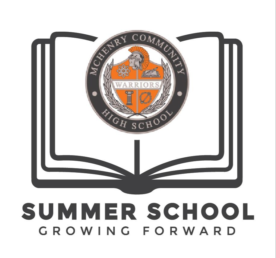 Summer School logo with illustrated book and McHenry Community High School logo in the middle of the book