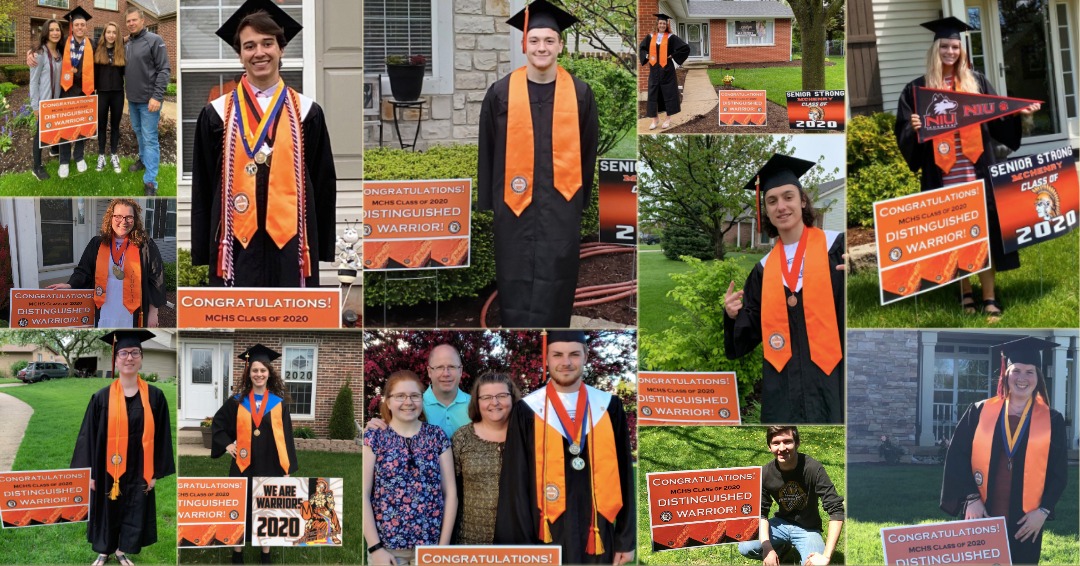 Collage of Distinguished Warriors with their stoles and yard signs in front of their houses. Two of them with families