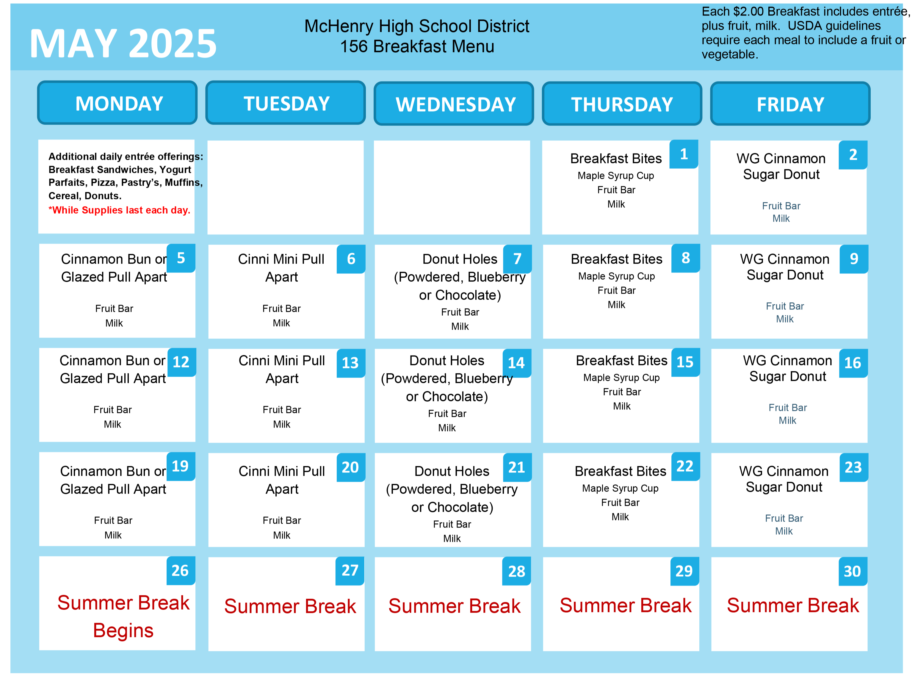 May 2025 McHenry High School District 156 Menu Each $2.00 breakfast includes entree plus fruit milk. USDA guidelines require each meal to include a fruit or vegetable. Additional daily entree offerings: breakfast sandwiches, yogurt, parfaits, pizza, pastries, muffins, cereal doughnuts. *While supplies last each day. May 1: Breakfast bites, maple syrup cup, fruit bar, milk. May 2: Whole Grain Cinnamon Sugar Donut Fruit Bar Milk. May 5: Cinnamon Bun or Glazed Pull Apart, Fruit Bar Milk. May 6: Cinnamon Mini Pull Apart, fruit bar, milk. May 7: Donut holes (powdered, blueberry, or chocolate) Fruit Bar, Milk. May 8: Breakfast bites, maple syrup cup, milk. May 9: Whole Grain Cinnamon Sugar Donut, fruit bar, milk May 12: Cinnamon Bun or Glazed Pull Apart, Fruit Bar, Milk. May 13: Cinnamon Mini Pull Apart May 14: Donut Holes, powdered, blueberry or chocolate, fruit bar, milk May 15: Breakfast bites, maple syrup cup, fruit bar, milk. May 16: Whole grain Cinnamon Sugar Donut, fruit bar, milk May 19: Cinnamon Bun or Glazed Pull Apart, fruit bar, milk. May 20: Cinnamon Mini Pull Apart, Fruit Bar, Milk. May 21: Donut Holes (Powdered, blueberry or chocolate) fruit bar milk. May 22: Breakfast bites maple syrup cup, fruit bar, milk. May 23: Whole Grain Cinnamon Sugar Donut, fruit bar, milk. May 26-30: Summer Break