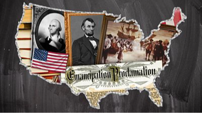 Picture of the U.S. withe the emancipation proclemation, George Washington Abraham Lincoln