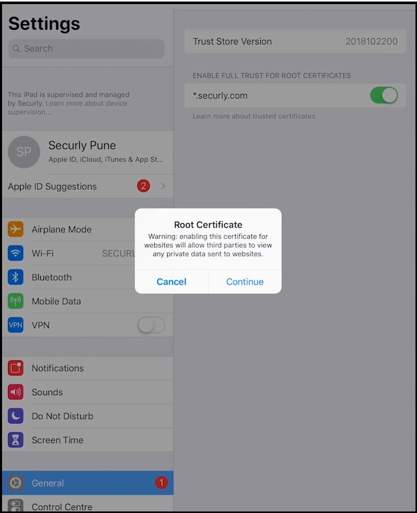 Screenshot of "Settings > General > About > Certificate" page with toggle button for Securly.