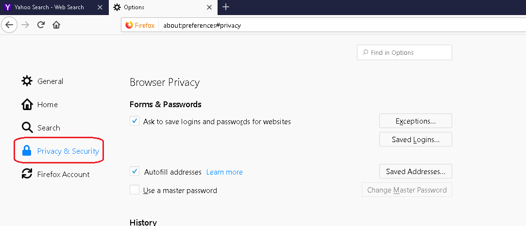 Screenshot of "Privacy & Security" page.