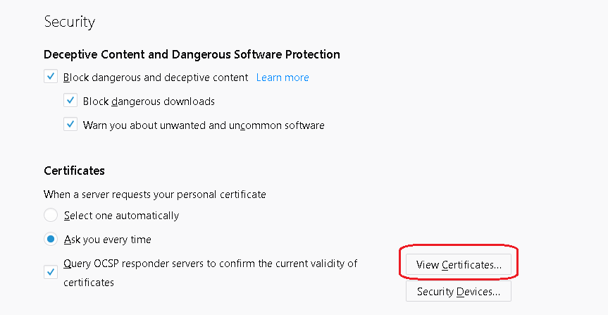 Screenshot of "Security" and "Certificates" sections with "View Certificates" button.