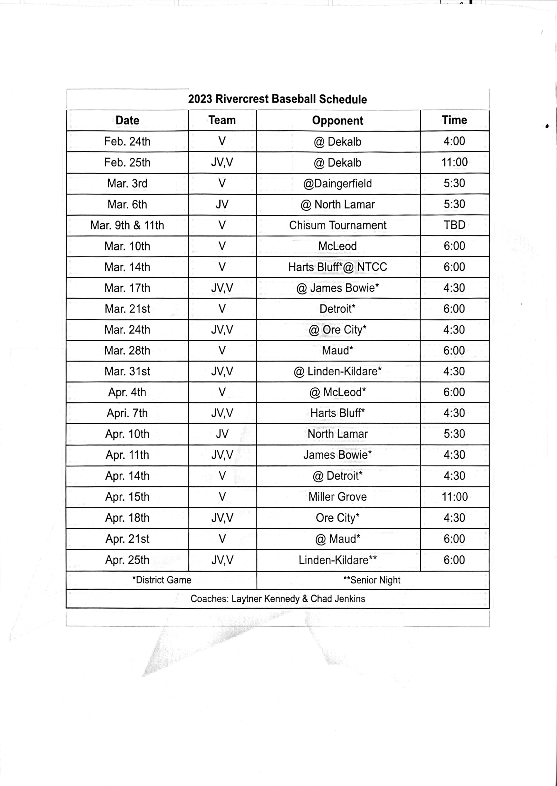 Baseball Schedule