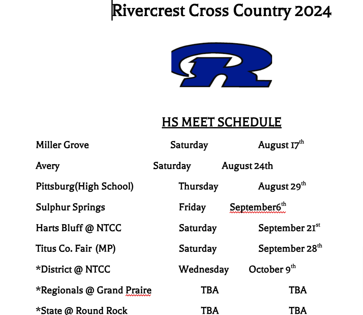 Cross country Schedule