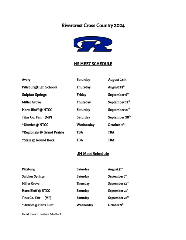 Cross country Schedule