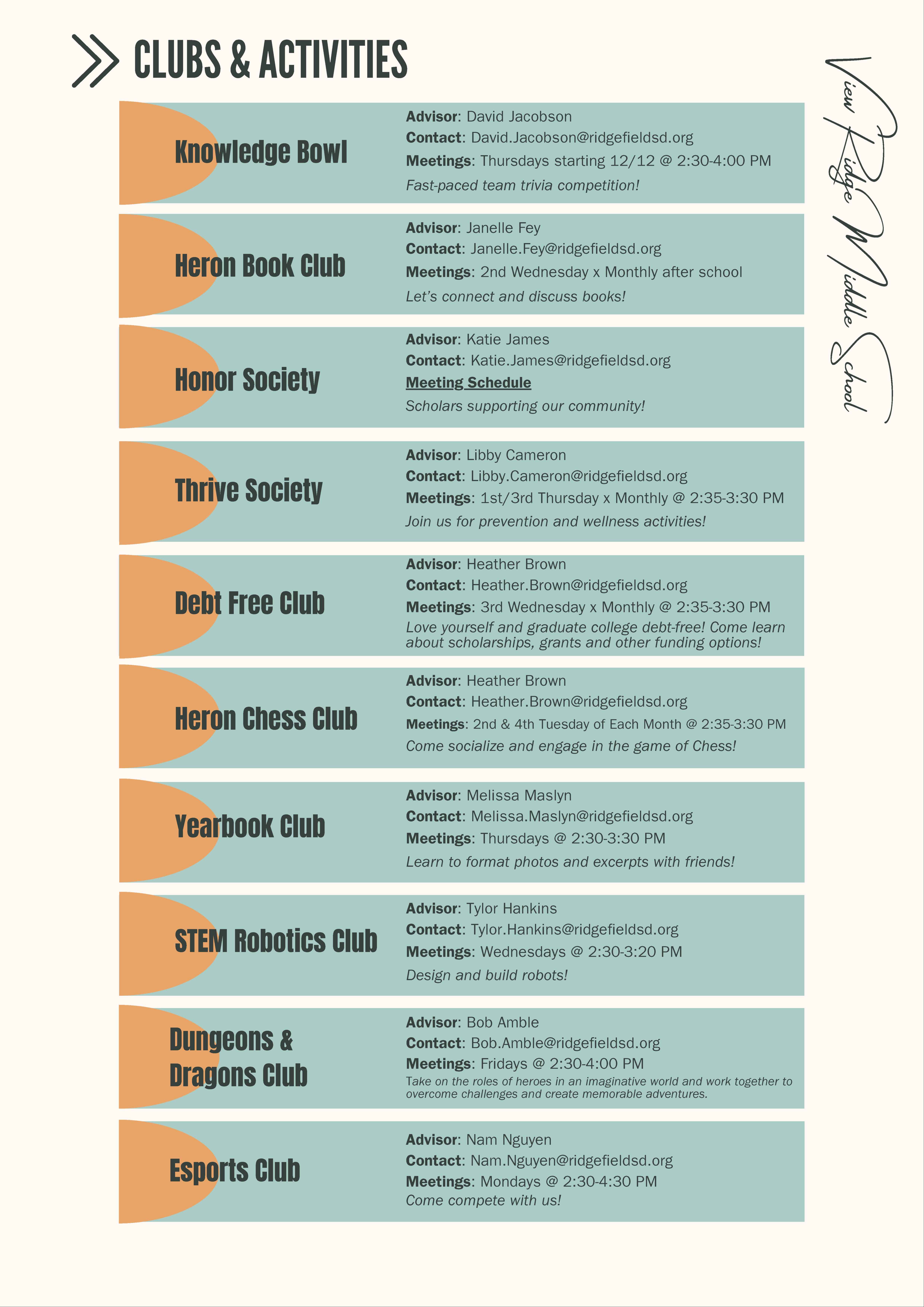 Clubs and Activities at VRMS for 2024-25 school year