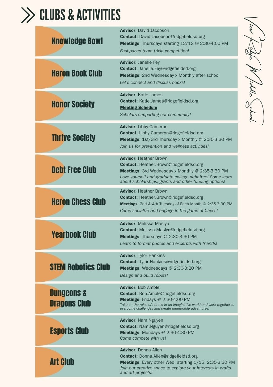 Clubs and Activities at VRMS for 2024-25 school year