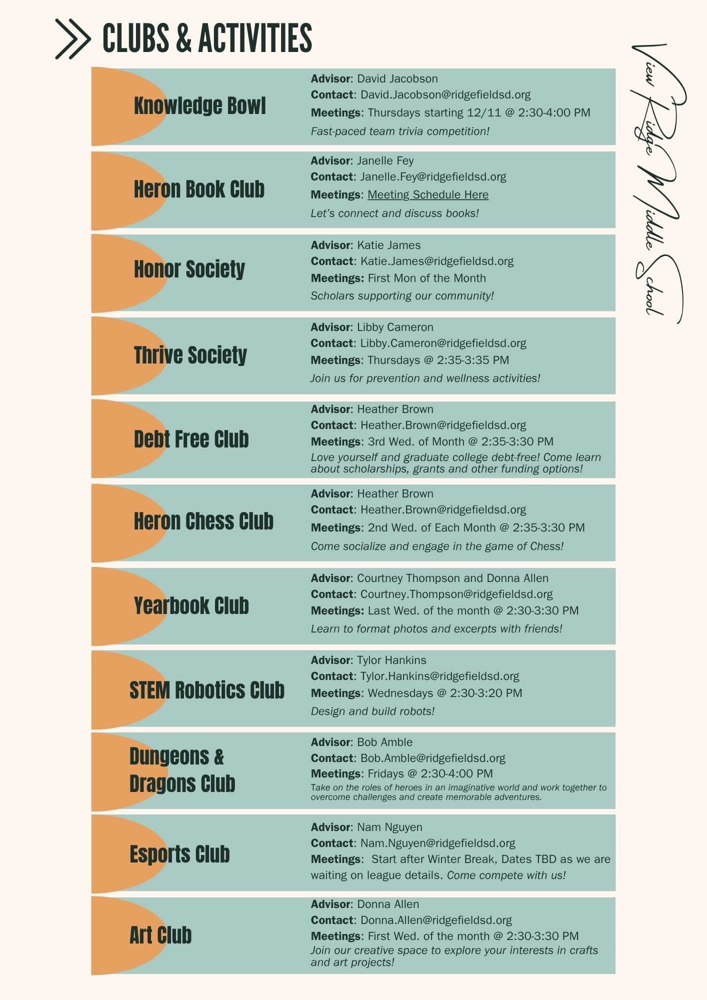 Clubs and Activities at VRMS for 2024-25 school year