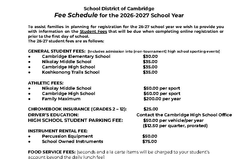 2026/2027 Student Fee Schedule