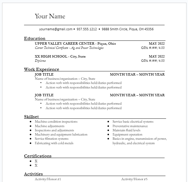 Student Resume Templates  Upper Valley Career Center