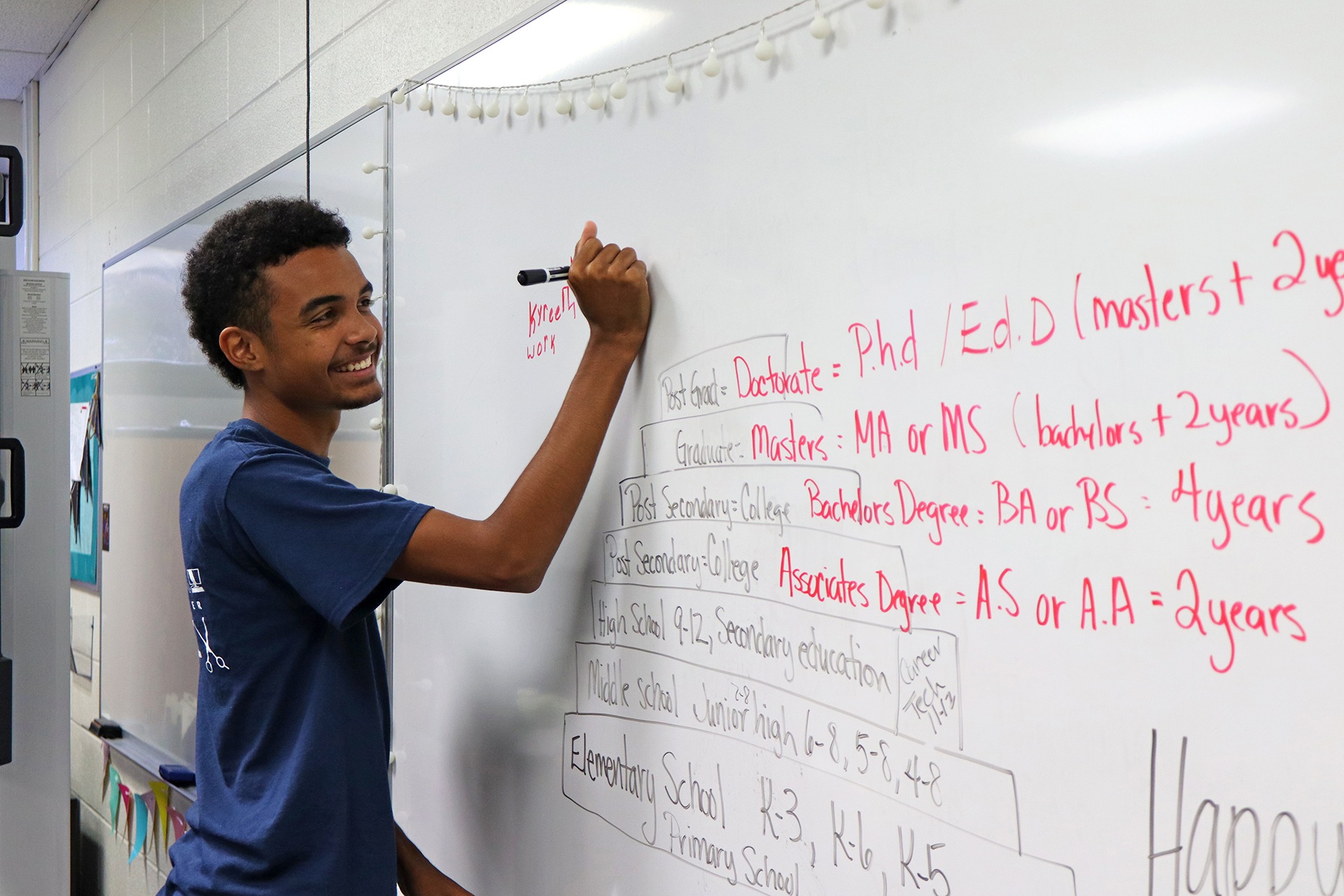 A young man writing on a whiteboard with red and black markers. The board has educational paths listed.