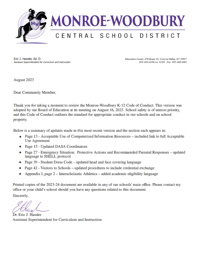 Letter to community from Dr. Hassler re: Code of Conduct