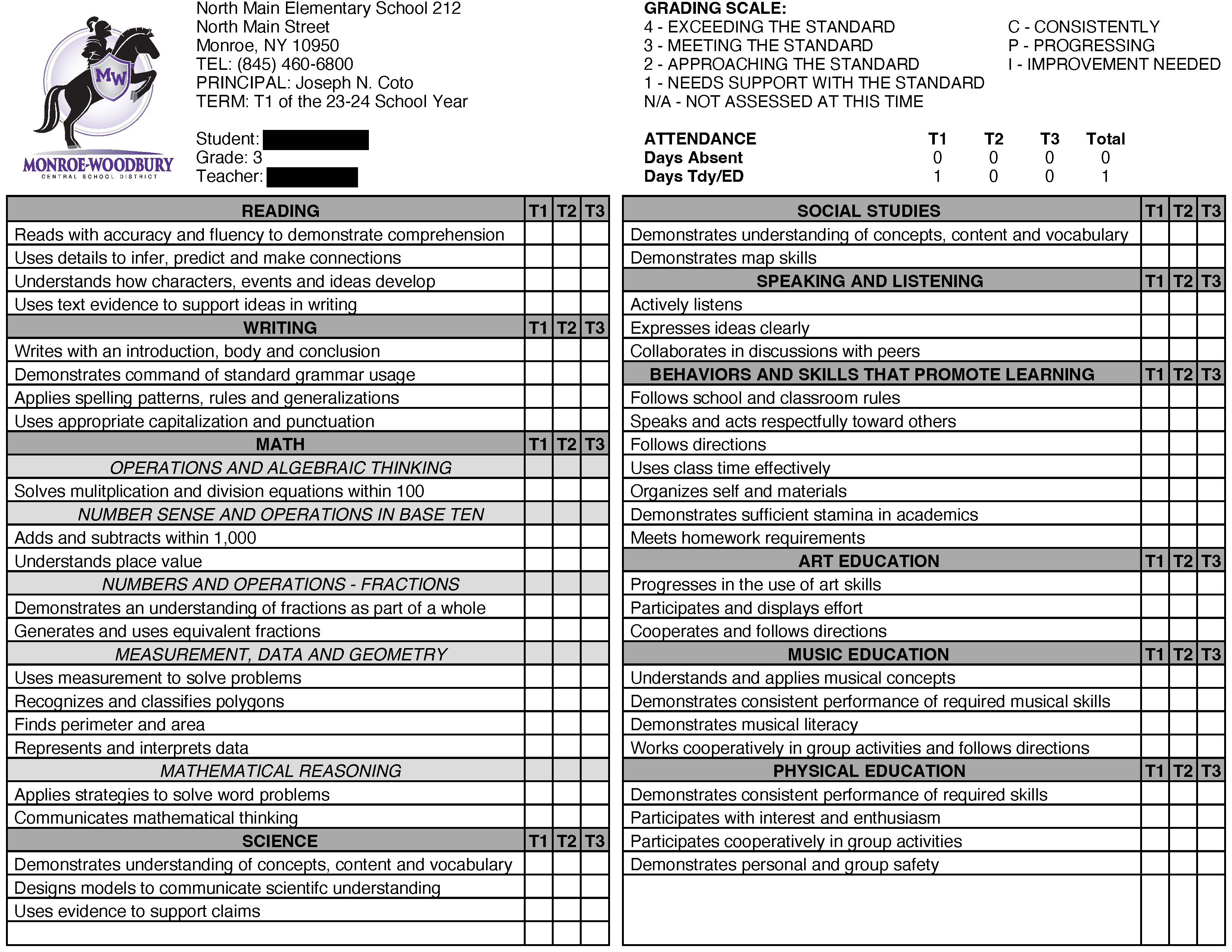 Third Grade Report Card | Monroe-Woodbury Central School District