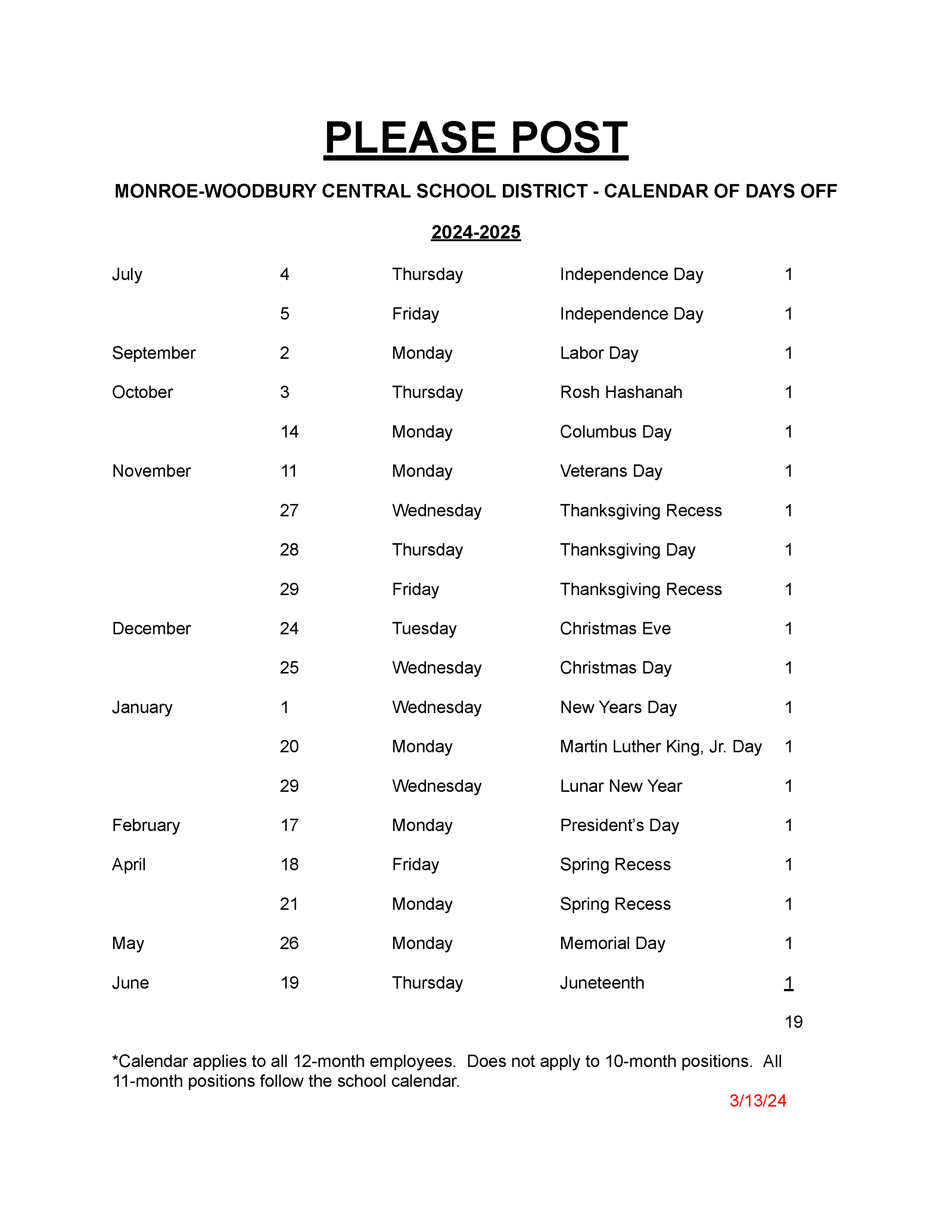 Buildings closed calendar for 24-25 SY