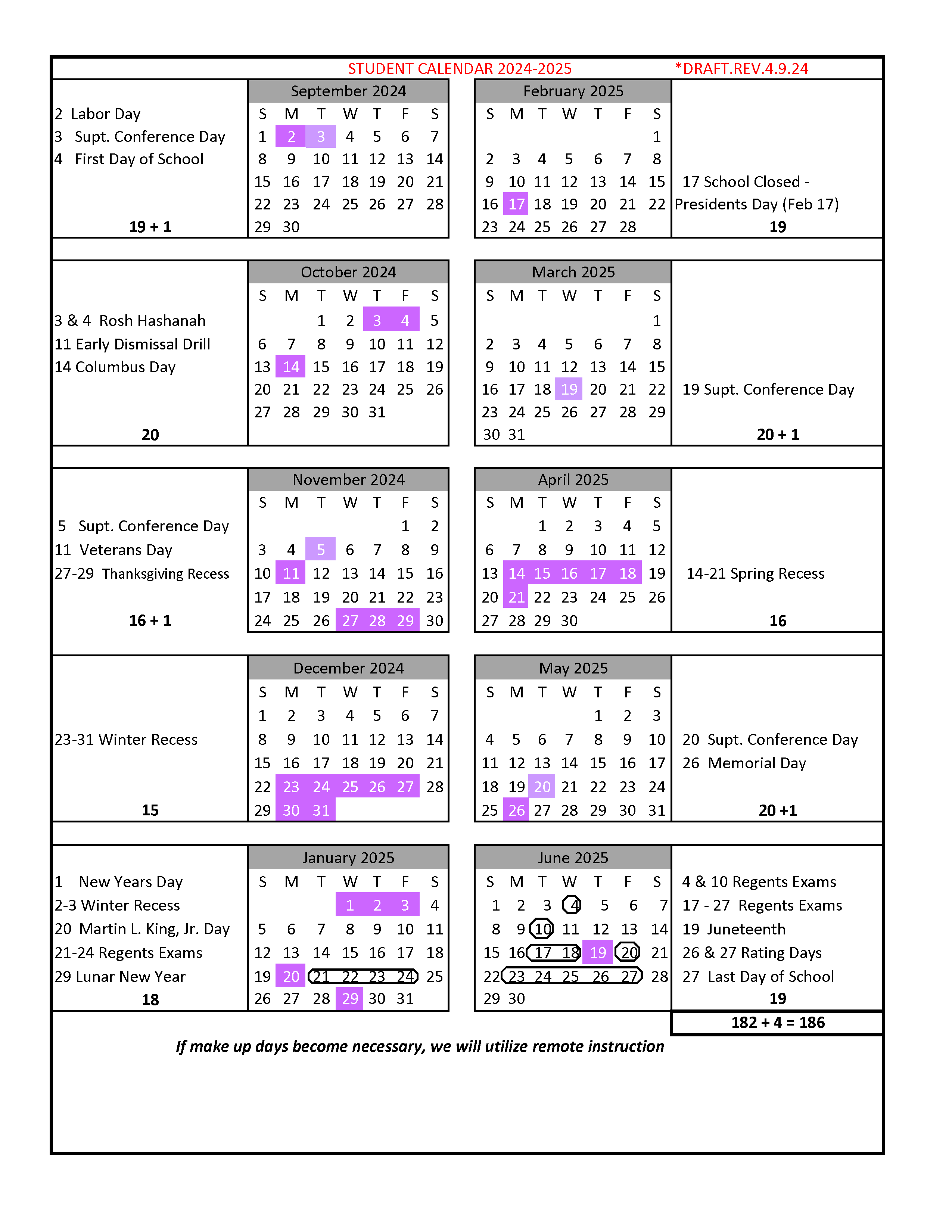 image of student calendar for 2024-25 school year