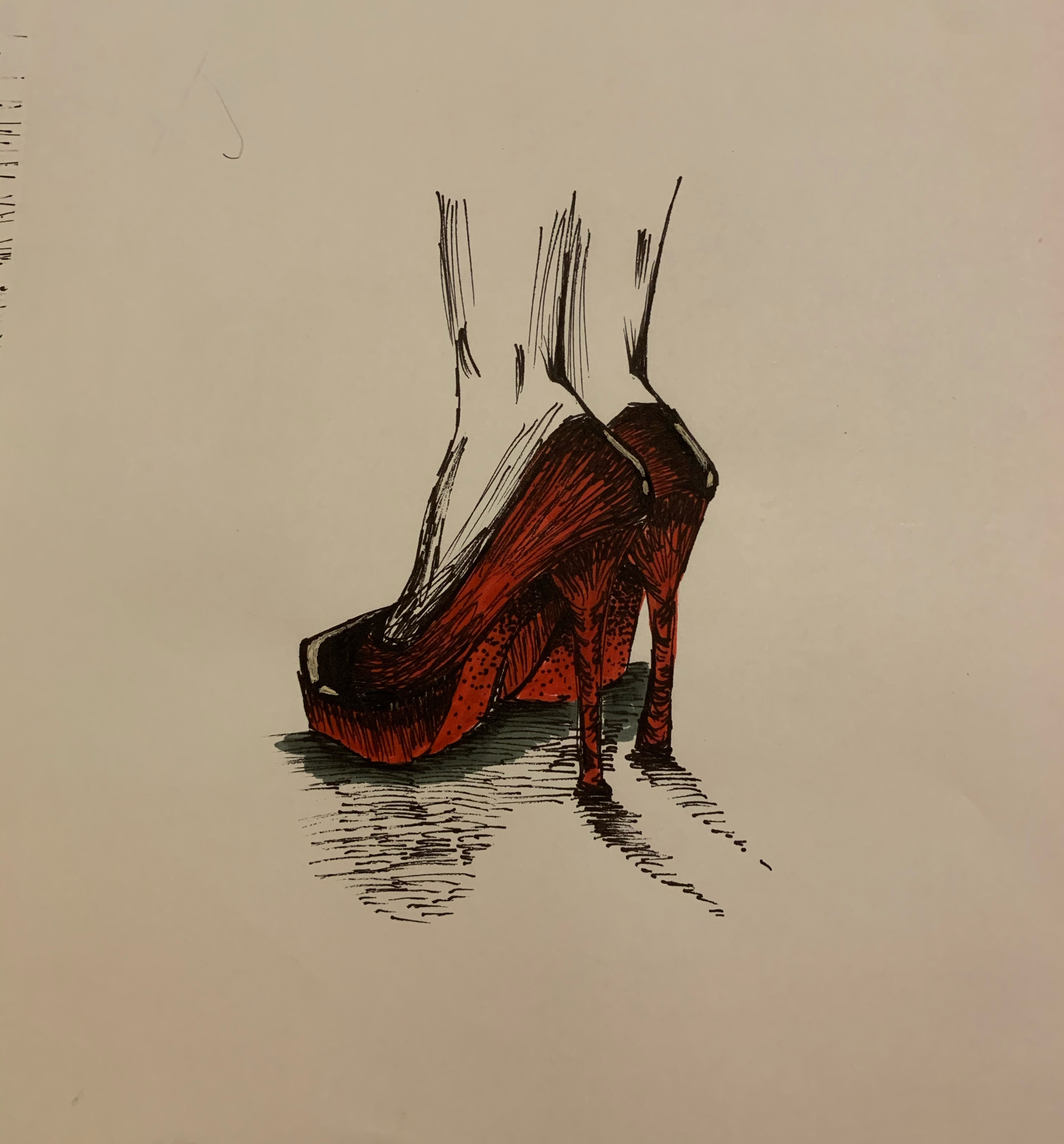 art student Inktober - red high heels drawn in pen