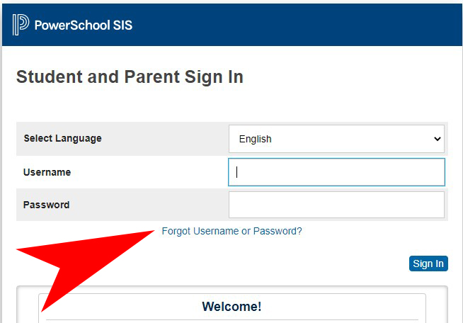 screenshot of Parent Student Portal login screen with arrow to Forgot Username or Password link