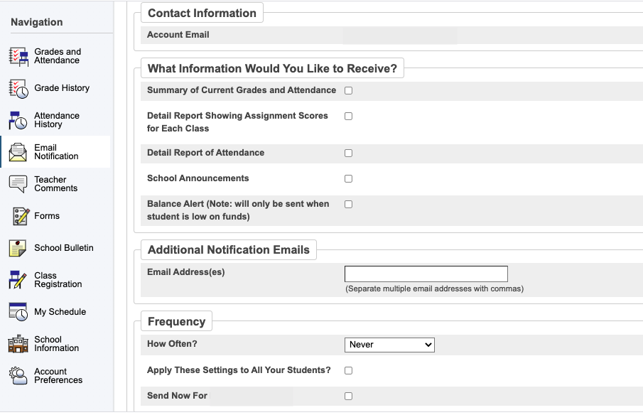 Screenshot of Email Preferences in Parent Portal