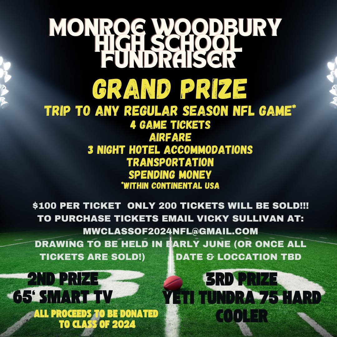 Grand Prize trip to any regular season NFL game - 4 game tickets, airfare, 3 night hotel accommodations, transportation, spending money. Contact: mwclassof2024NFL@gmail.com for more information