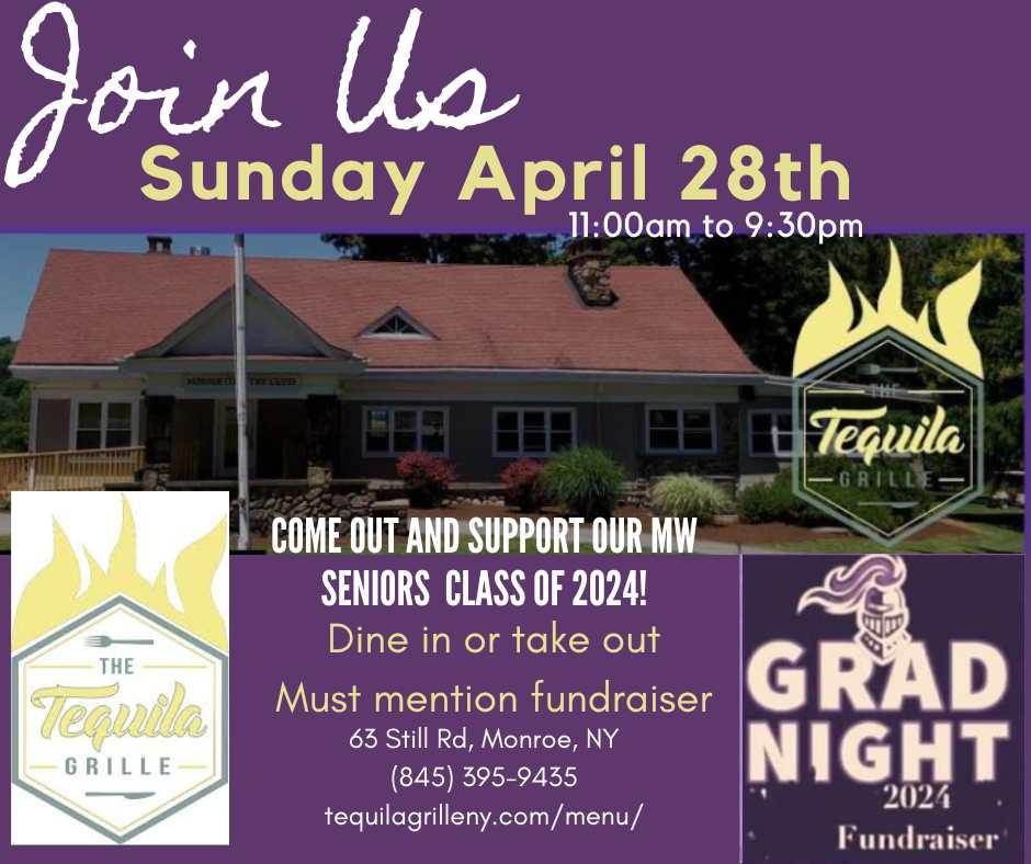 Join us at the Tequila Grille Sunday, April 28 from 11 am to 9:30 pm. Dine in or take out, must mention fundraiser. Tequila Grille: 63 still rd, monroe, NY - (845) 395-9435