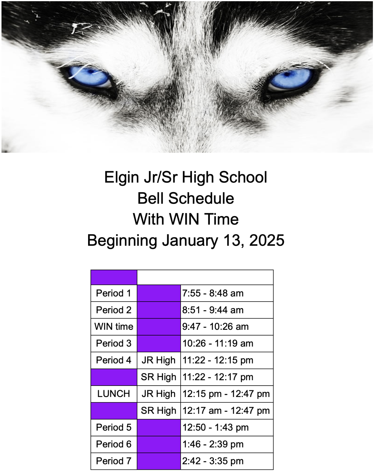 WIN Time Bell Schedule, husky eyes