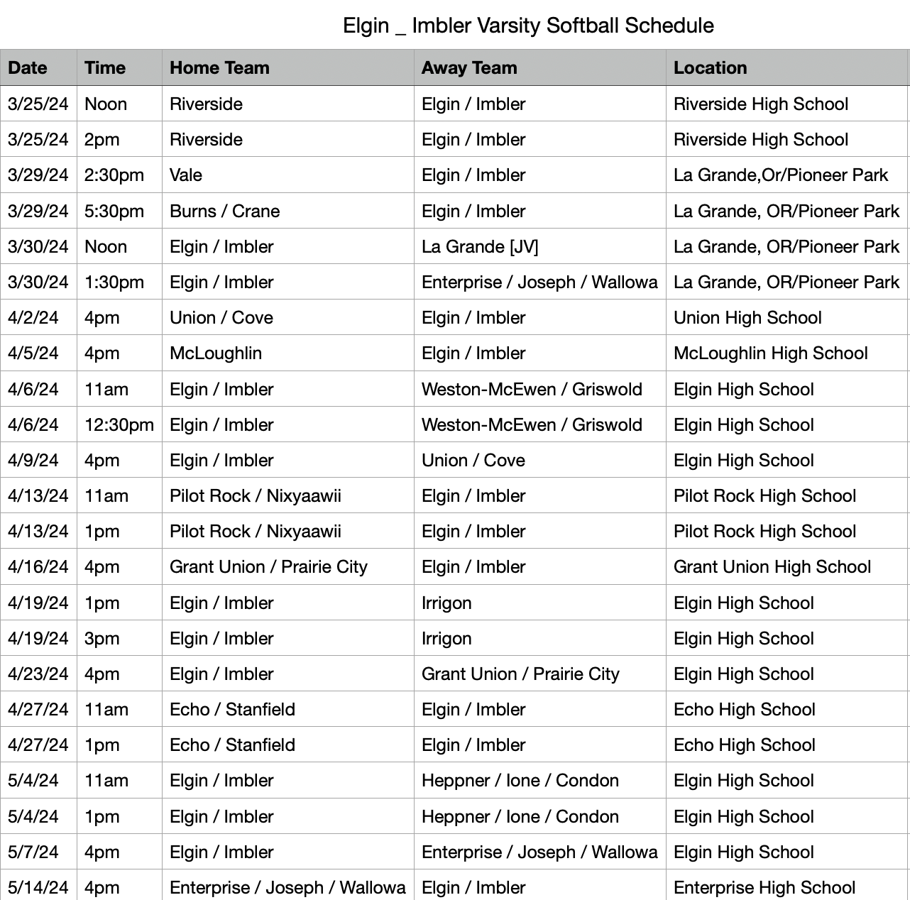 Elgin/Imbler Softball Schedule