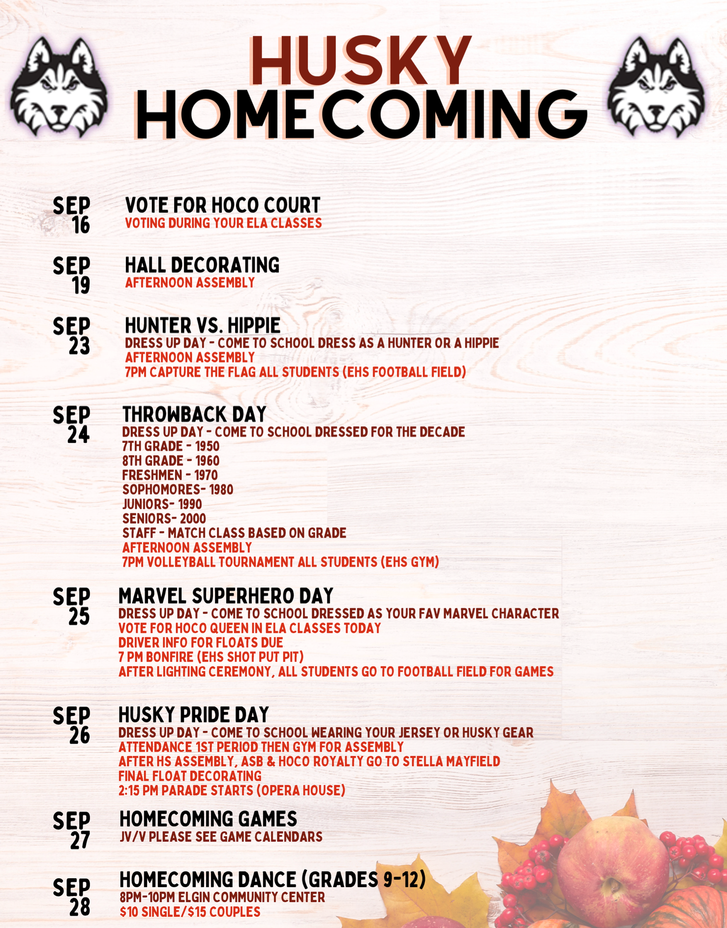 Husky Homecoming with Husky Head Mascot on each side with weekly itinerary