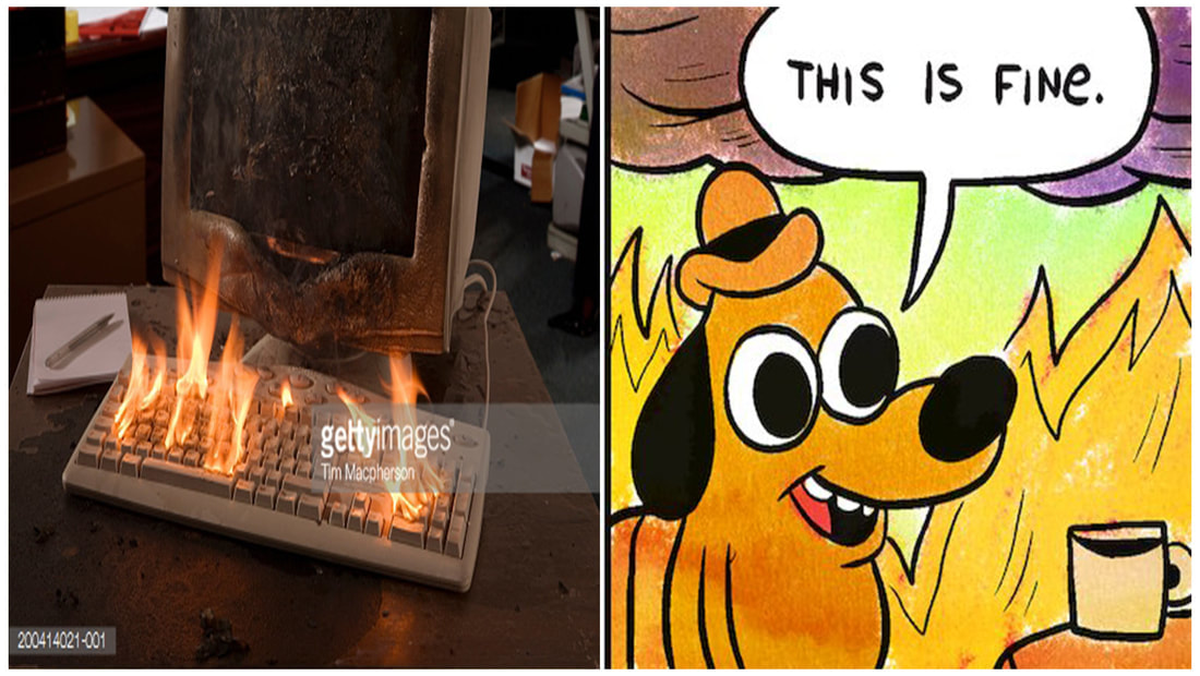 A funny image showing a laptop on fire and a dog drinking coffee saying "This is fine"