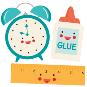 An image of a clock, a glue and a ruler.