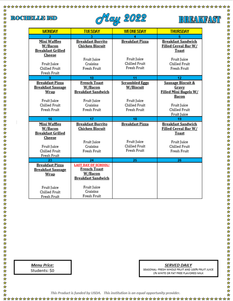 Cafeteria Menu Rochelle ISD